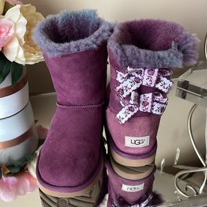 UGG boots Bailey Bow II purple eggplant purple and white striped lace bow tie